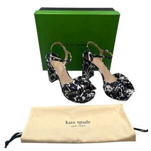 Kate Spade Lucie Tropical Foliage Silk Platform Heels Sandals Black White 9